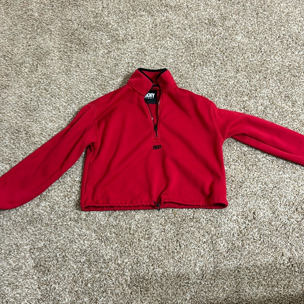 red DKNY quarter zip sweater drawstring waist